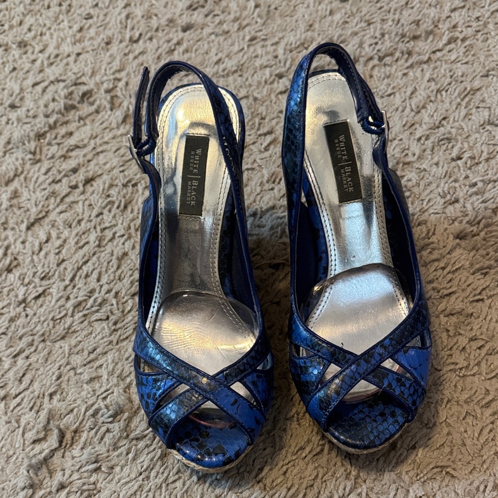 White House Black Market Blue and Silver wedges